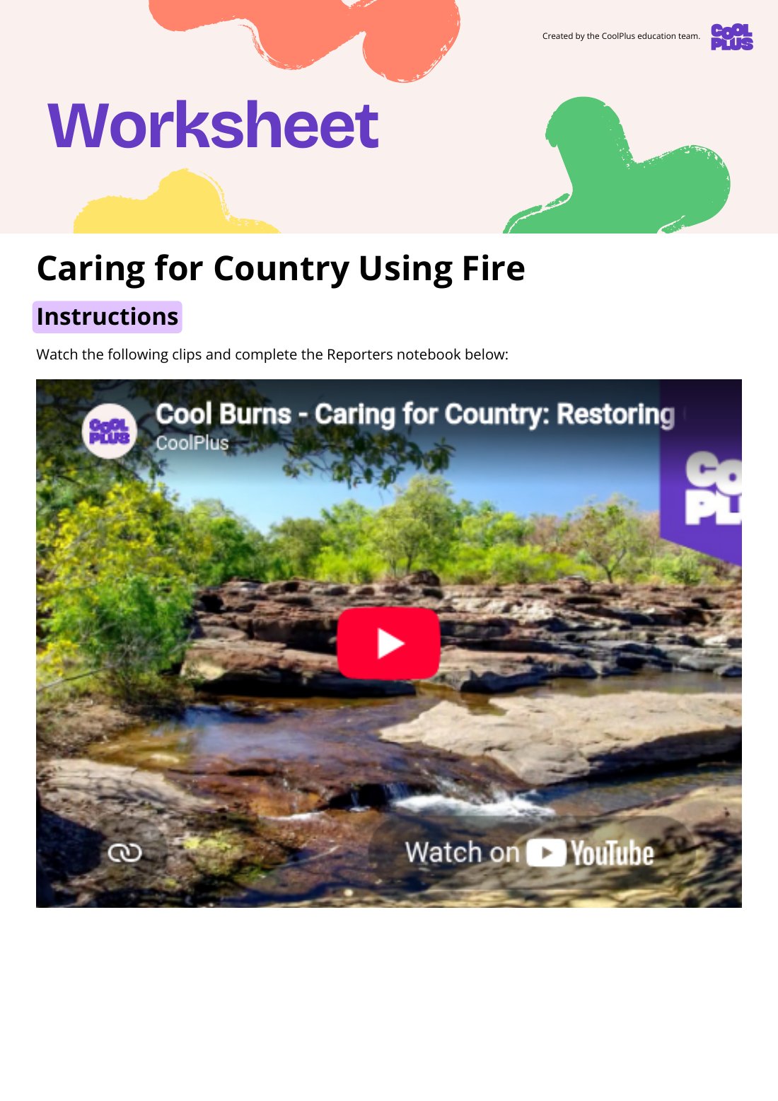 First page of Caring for Country Using Fire Worksheet