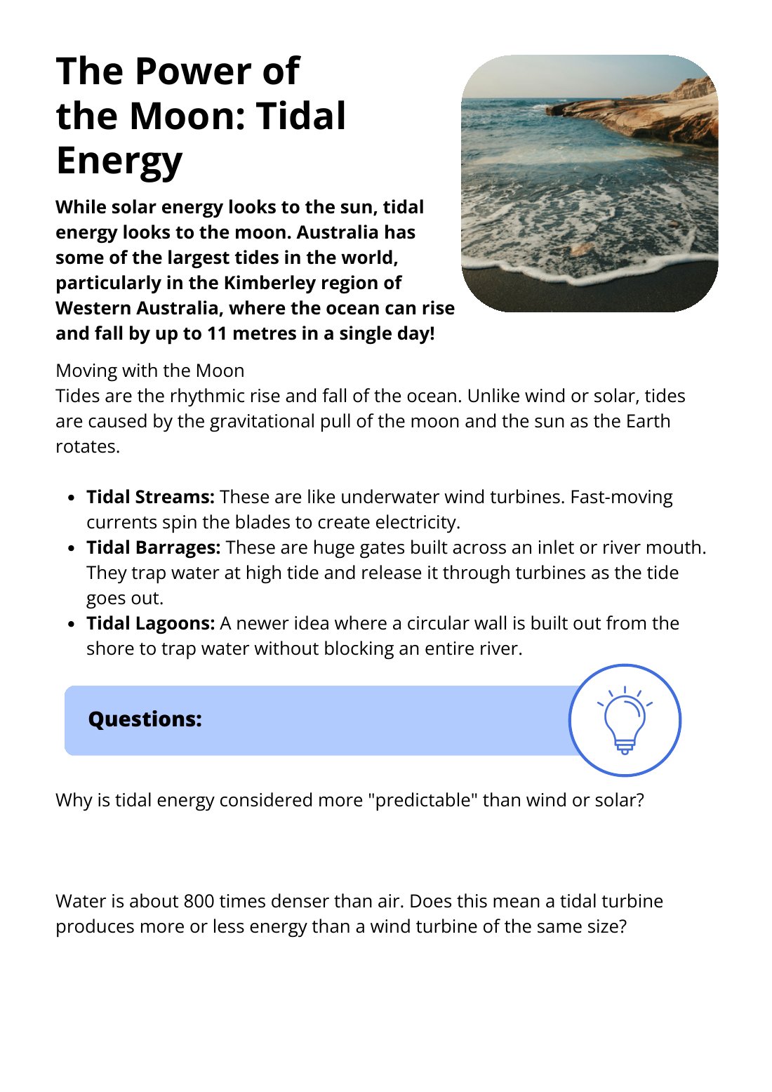 First page of The Power of the Moon: Tidal Energy Worksheet