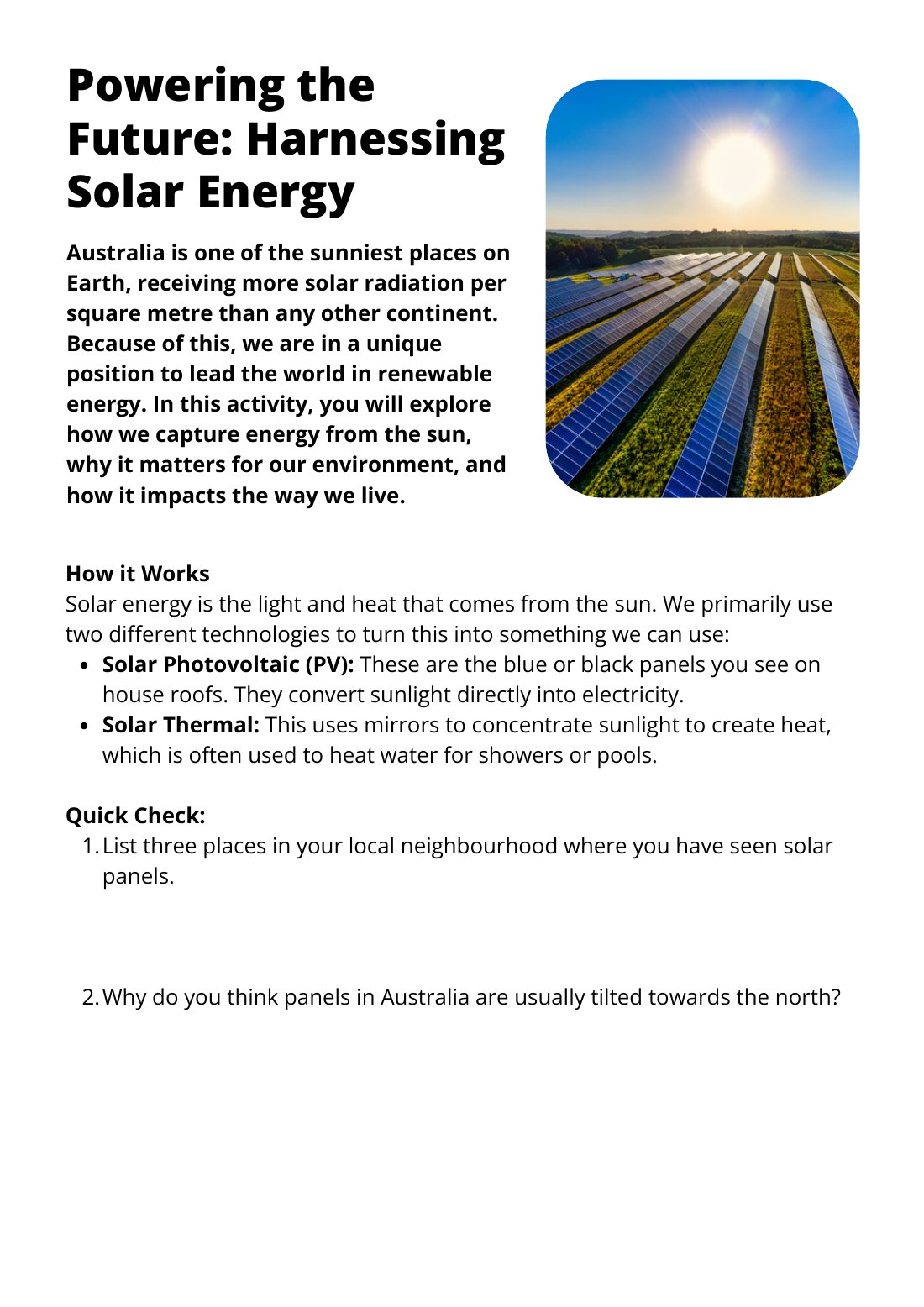 First page of Powering the Future Harnessing Solar Energy Worksheet
