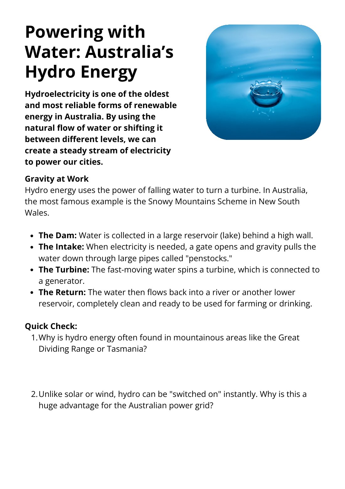 First page of Powering with Water: Hydro Energy Worksheet