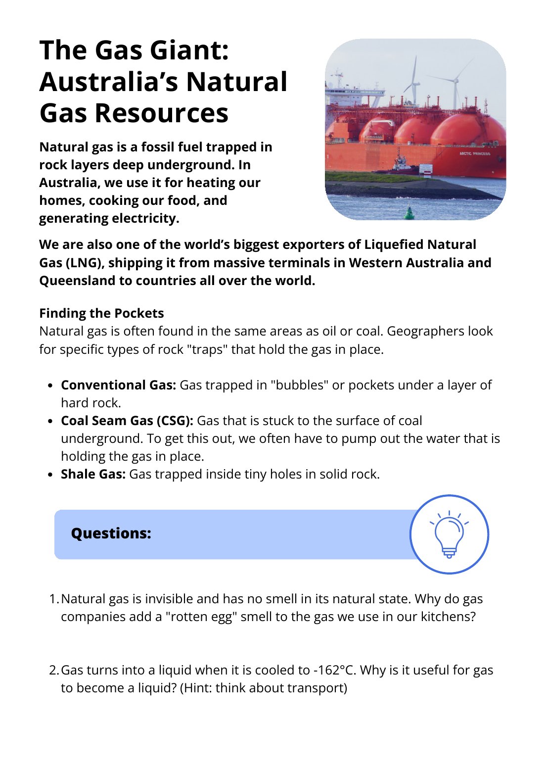 First page of The Gas Giant: Australia’s Natural Gas Resources Worksheet