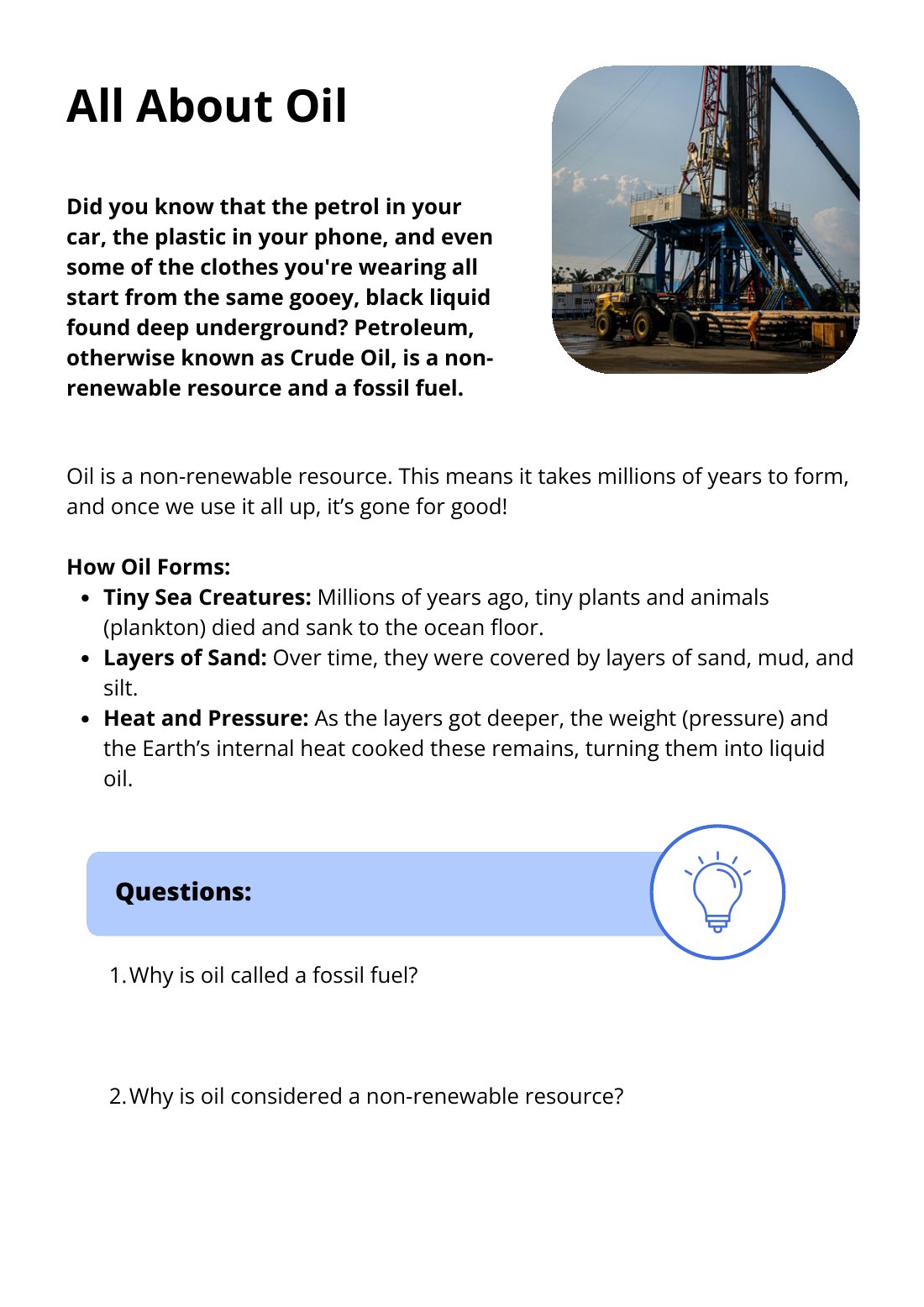 First page of All About Oil Worksheet