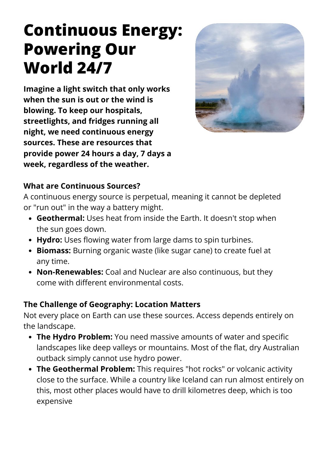First page of Continuous Energy Sources Worksheet