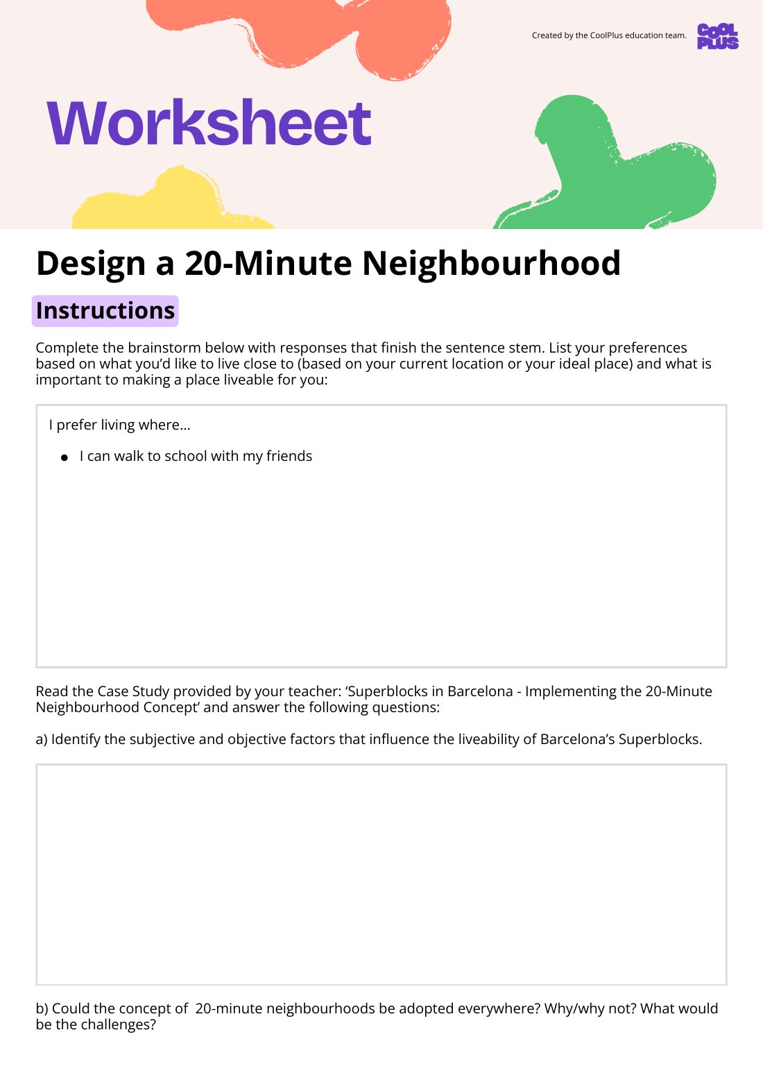 First page of Design a 20-Minute Neighbourhood Worksheet