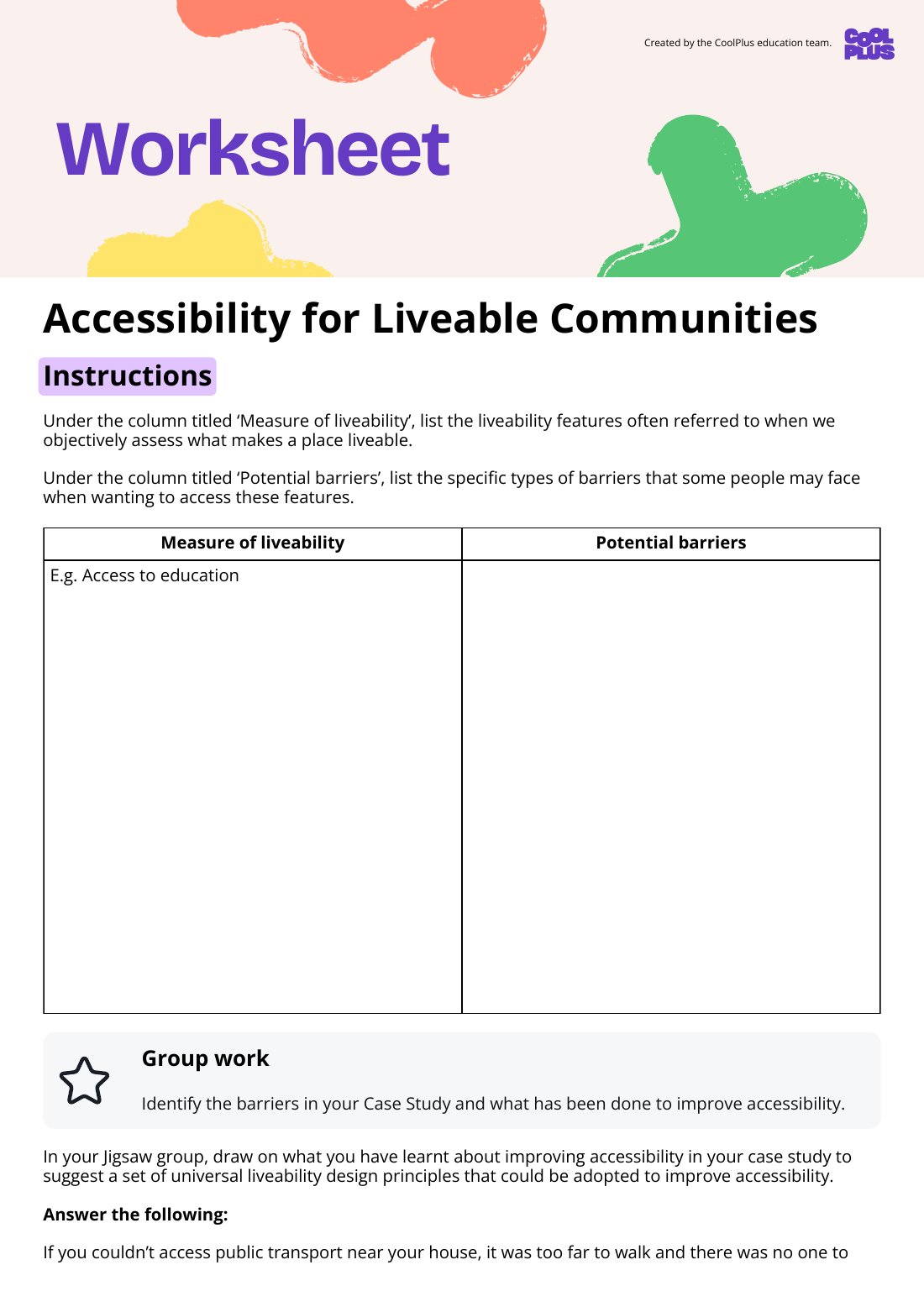 First page of Accessibility for Liveable Communities Worksheet