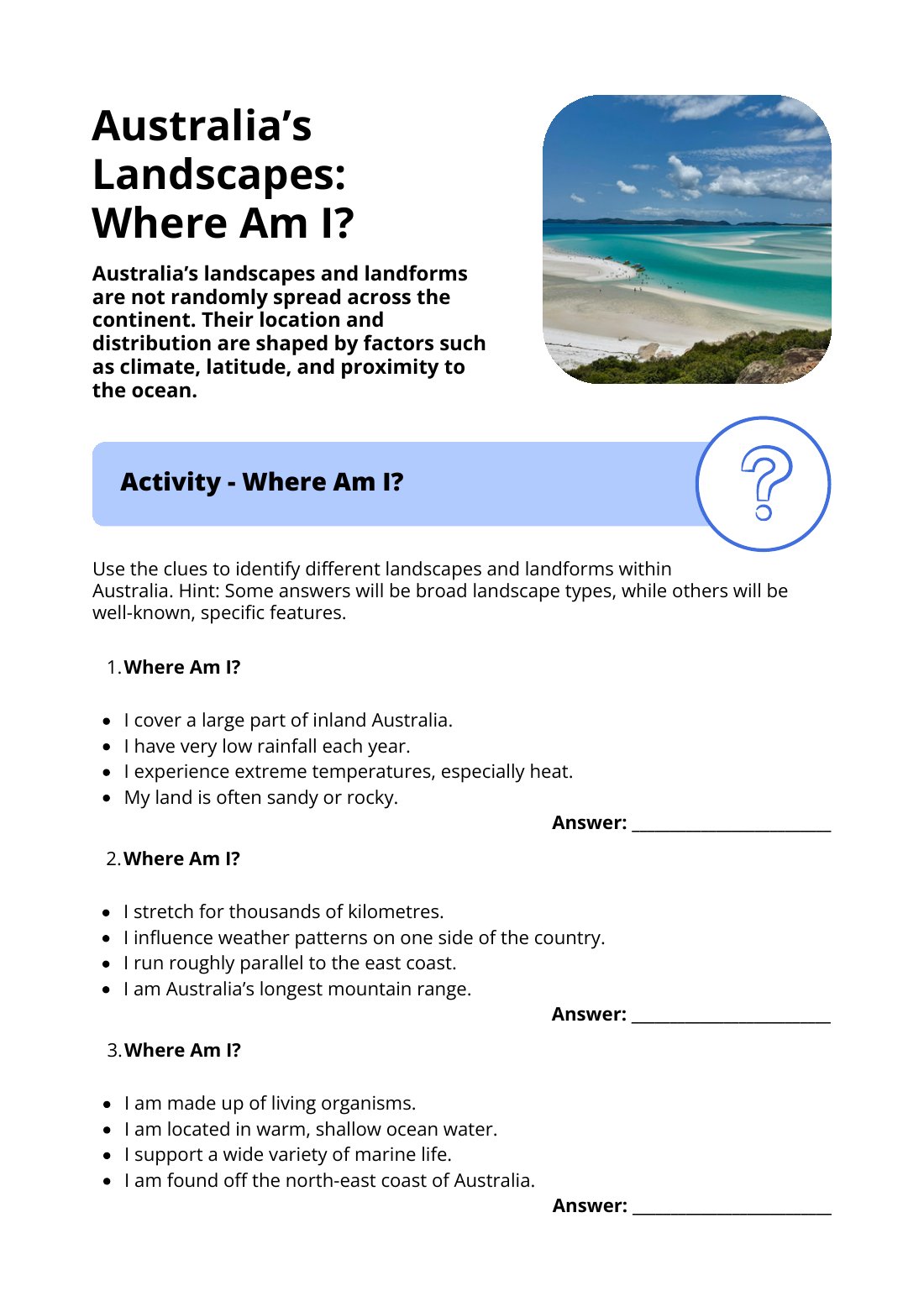 First page of Australia’s Landscapes: Where Am I? Worksheet