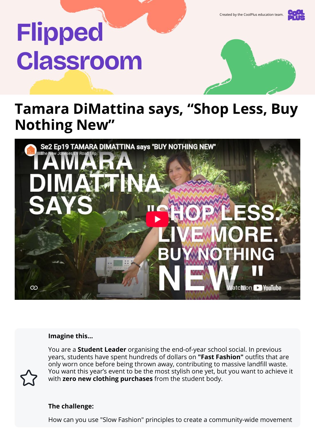 First page of Flipped Classroom Tamara DiMattina says, “Shop Less, Buy Nothing New” Worksheet