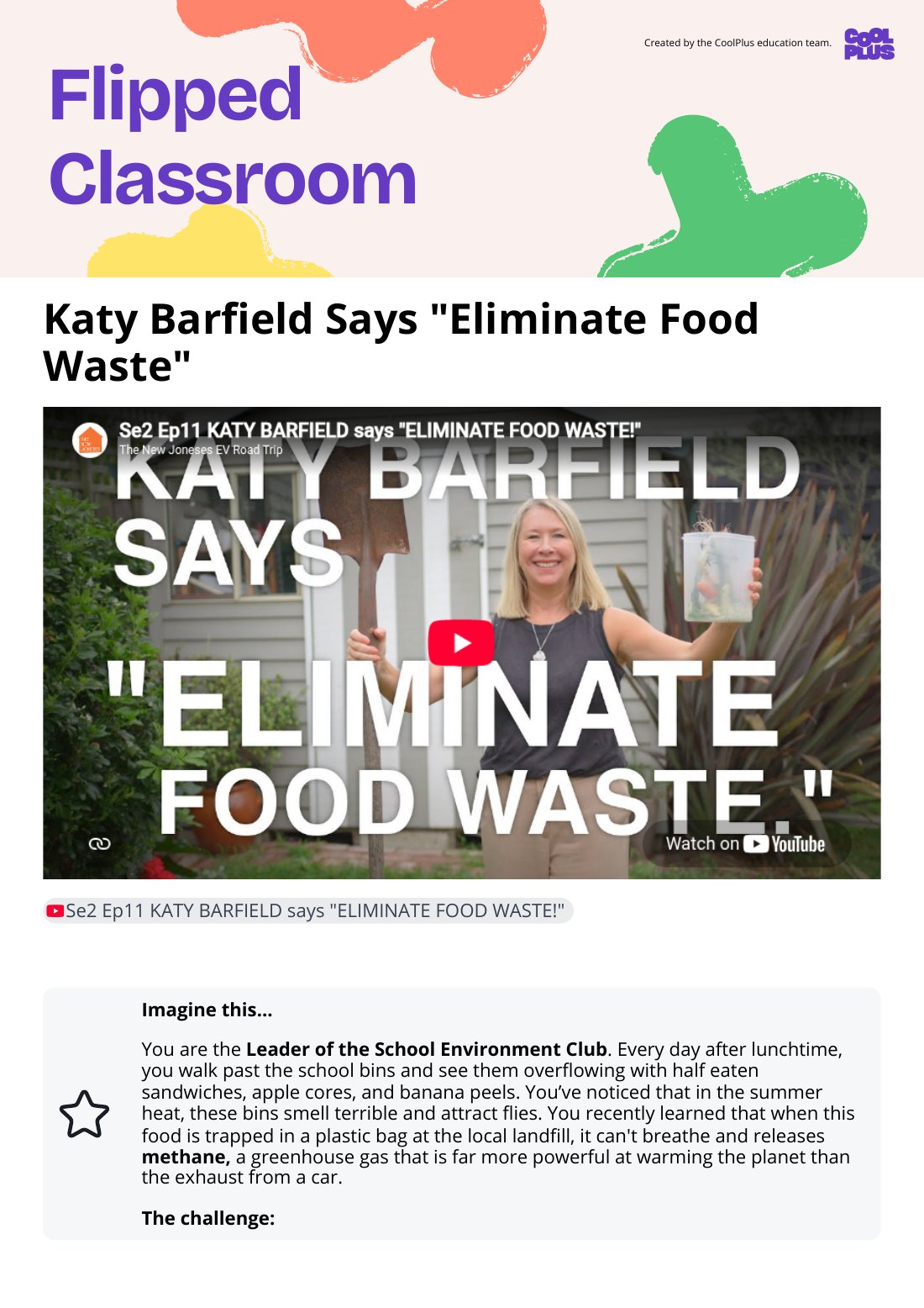 First page of Flipped Classroom Katy Barfield Says Eliminate Food Waste Worksheet