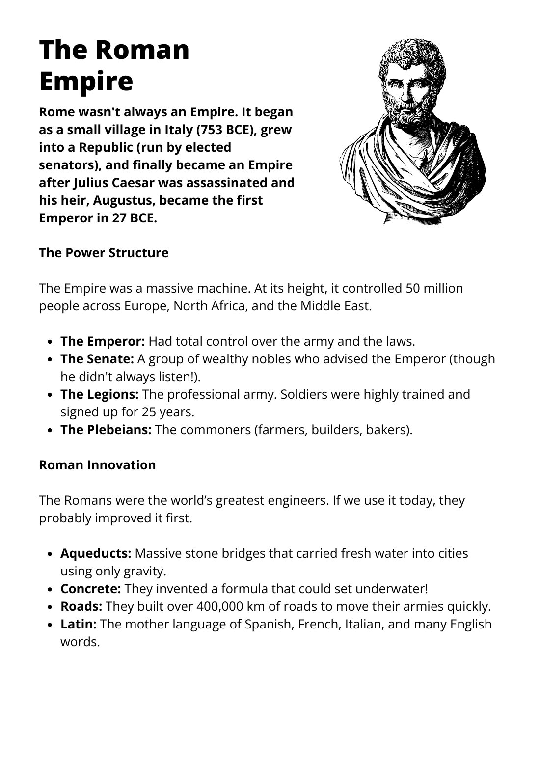 First page of Roman Empire Worksheet