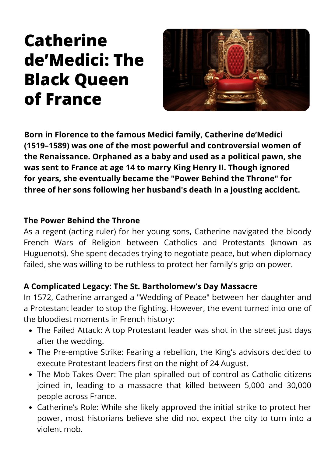 First page of Catherine De'Medici The Black Queen of France Worksheet
