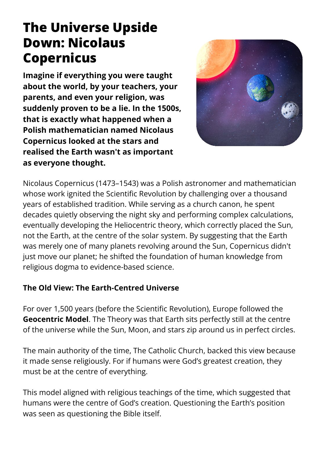 First page of The Universe Upside Down Nicolaus Copernicus Worksheet