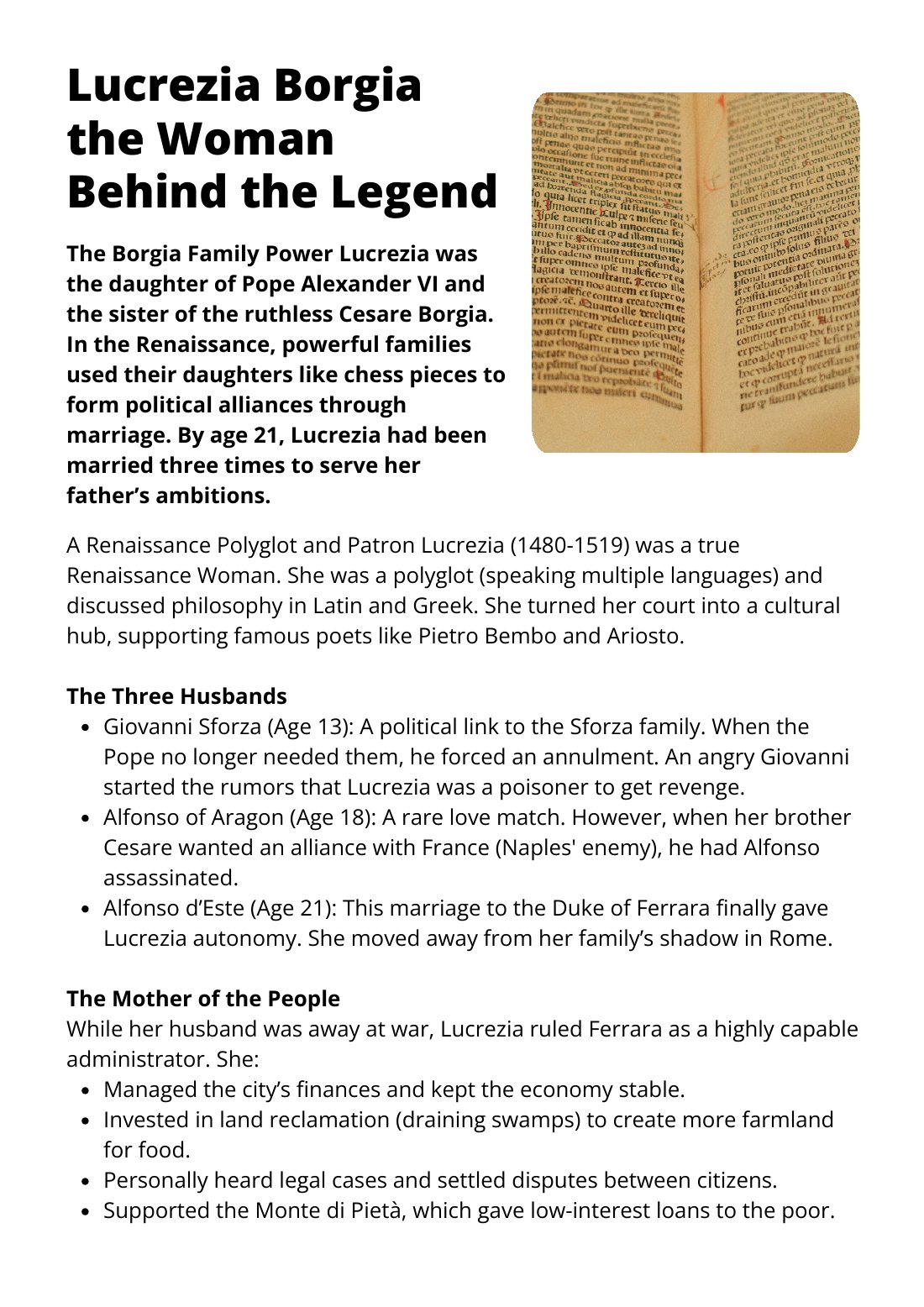 First page of Lucrezia Borgia and Renaissance Power Worksheet