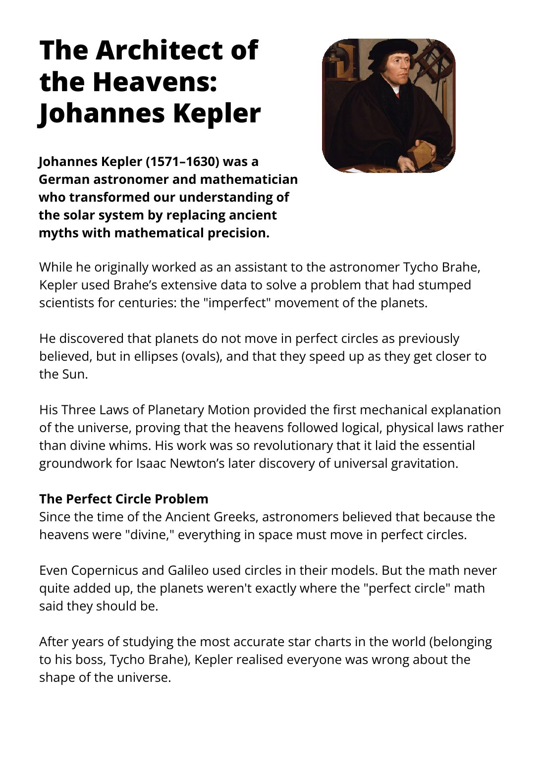 First page of The Architect of the Heavens Johannes Kepler Worksheet