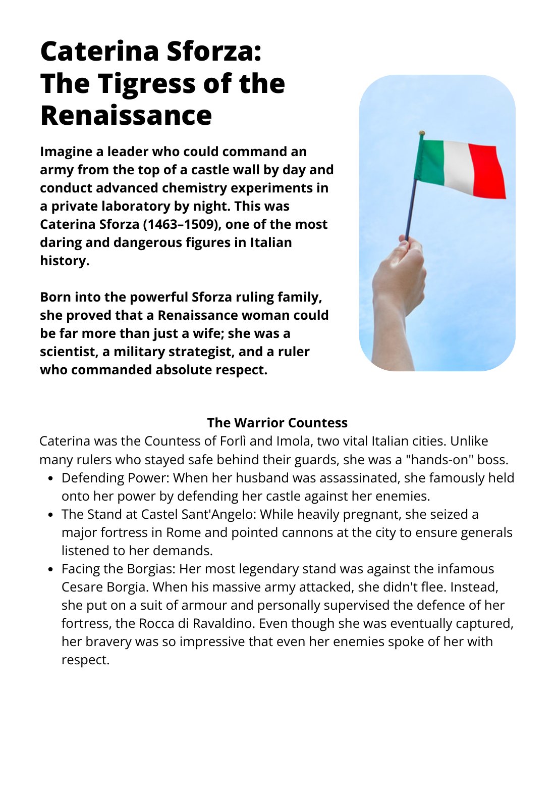 First page of Caterina Sforza The Tigress of the Renaissance Worksheet