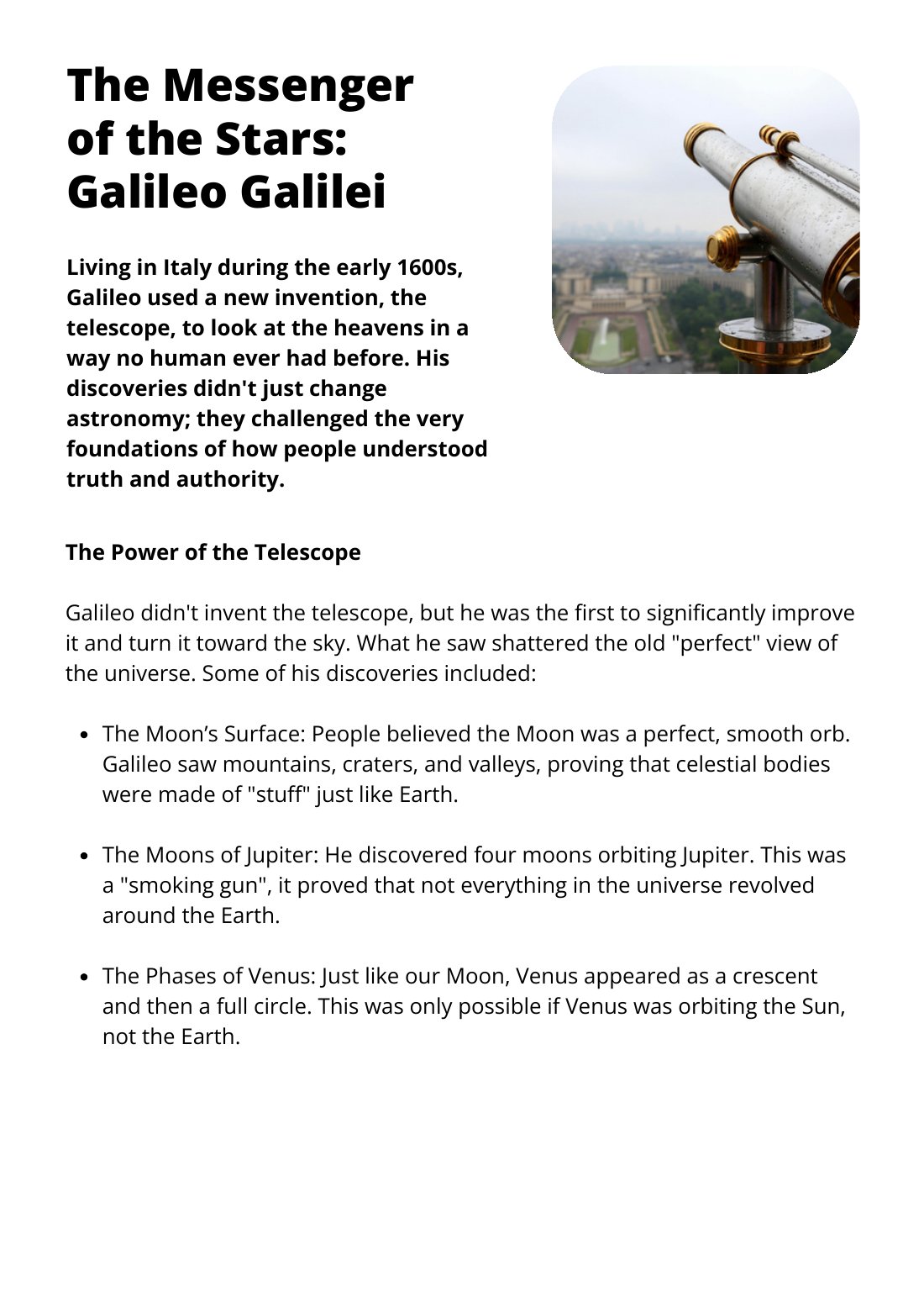 First page of The Messenger of the Stars Galileo Galilei Worksheet