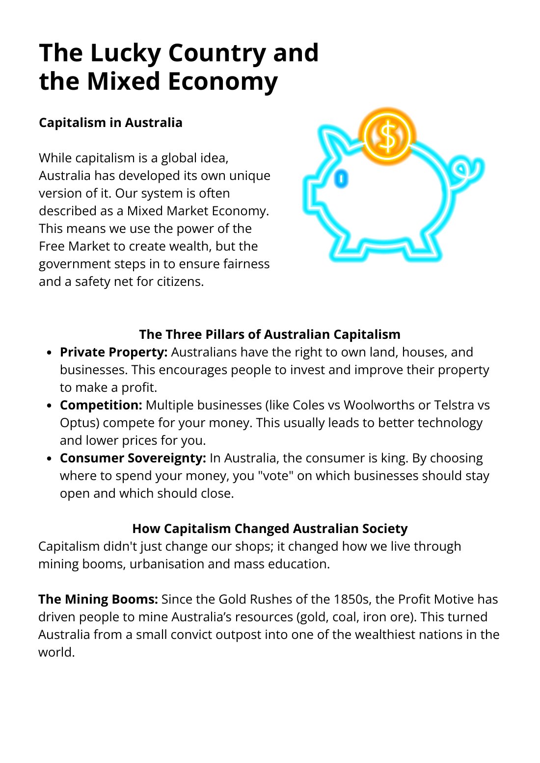 First page of The Lucky Country and the Mixed Economy Worksheet