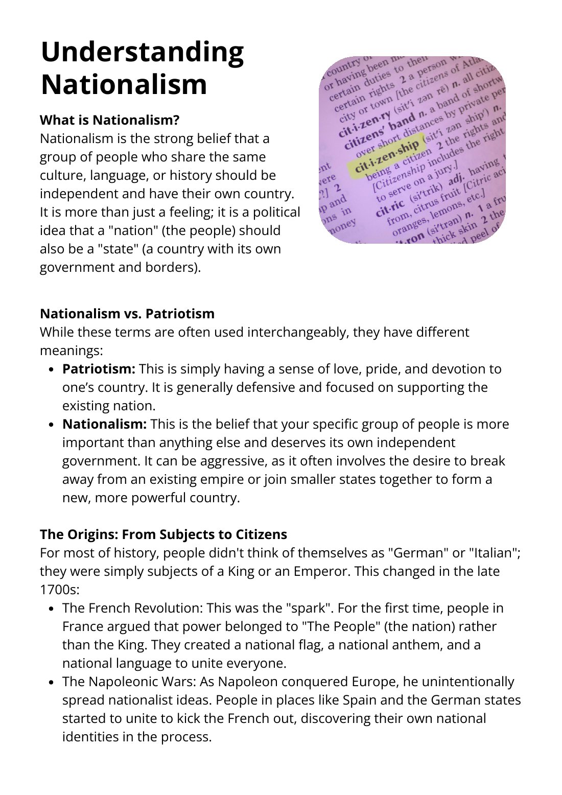 First page of Understanding Nationalism Worksheet