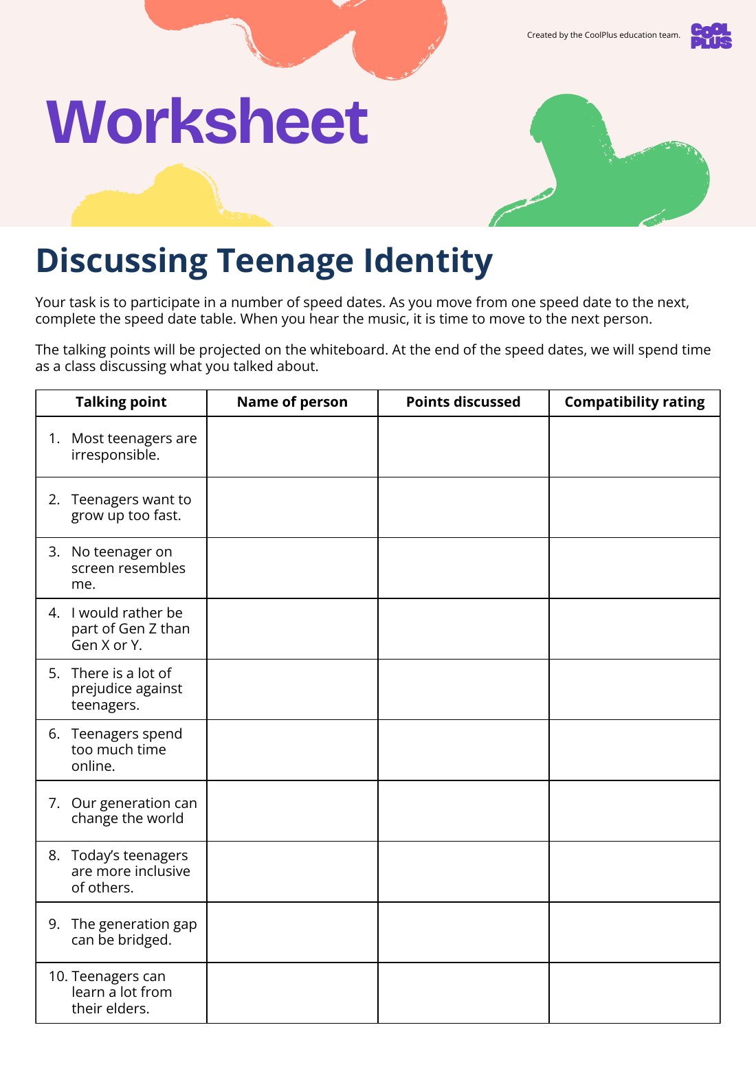 First page of Discussing Teenage Identity Worksheet