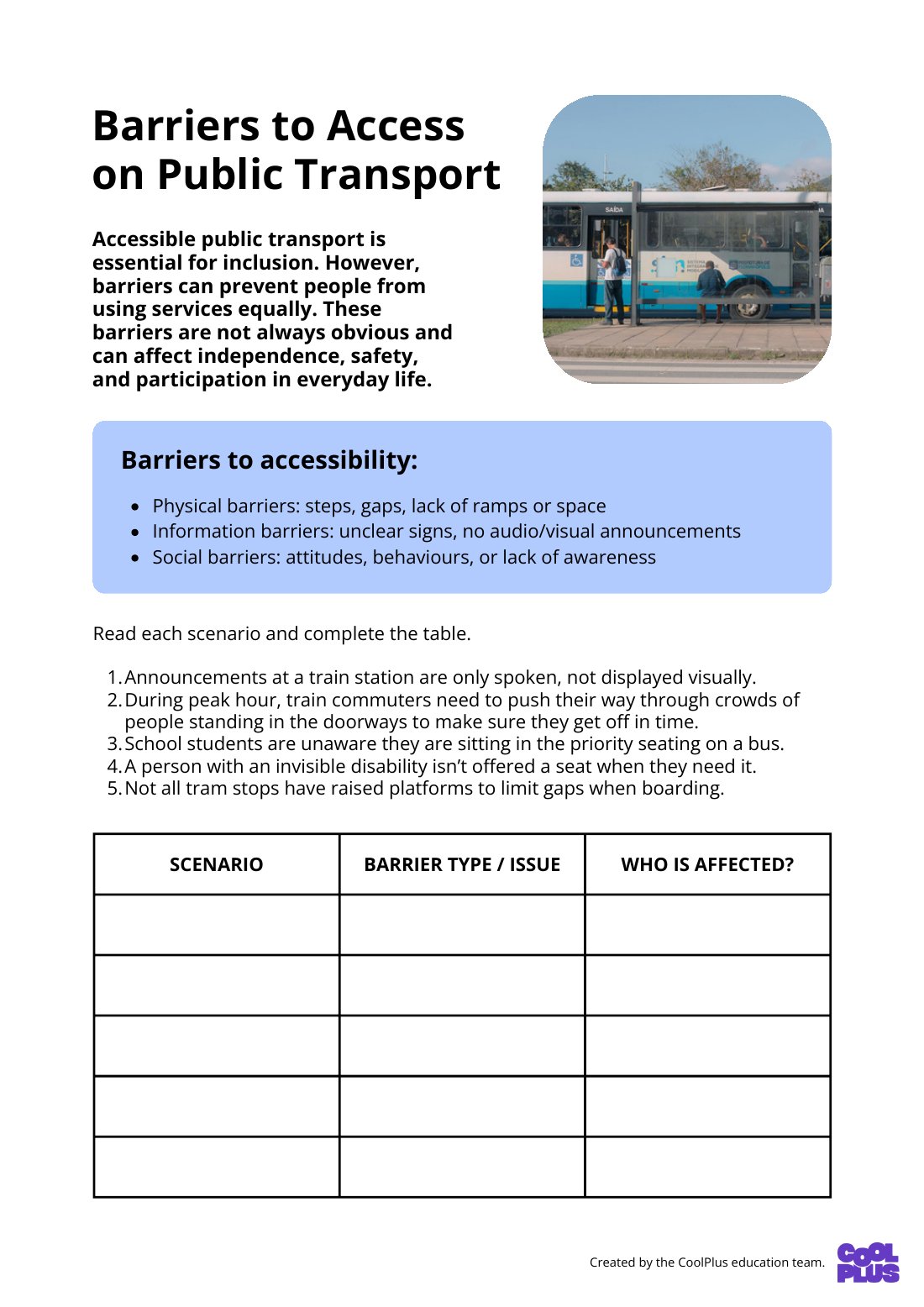 First page of Barriers to Access on Public Transport Worksheet