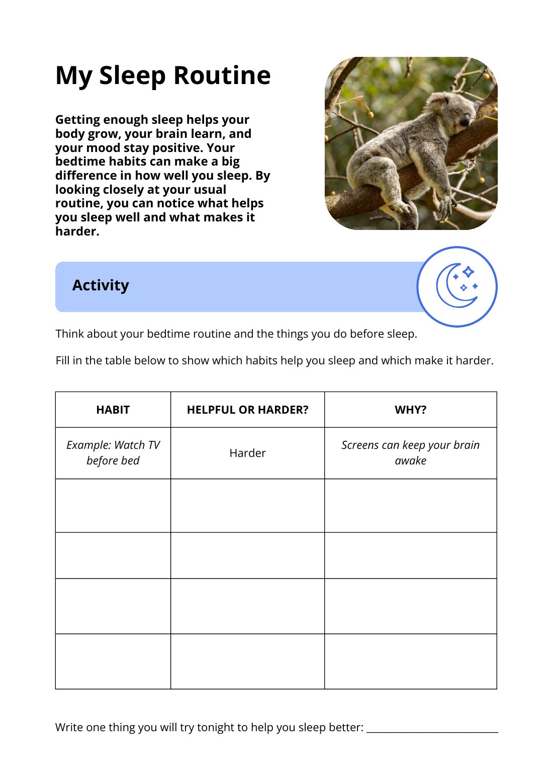 First page of My Sleep Routine Worksheet