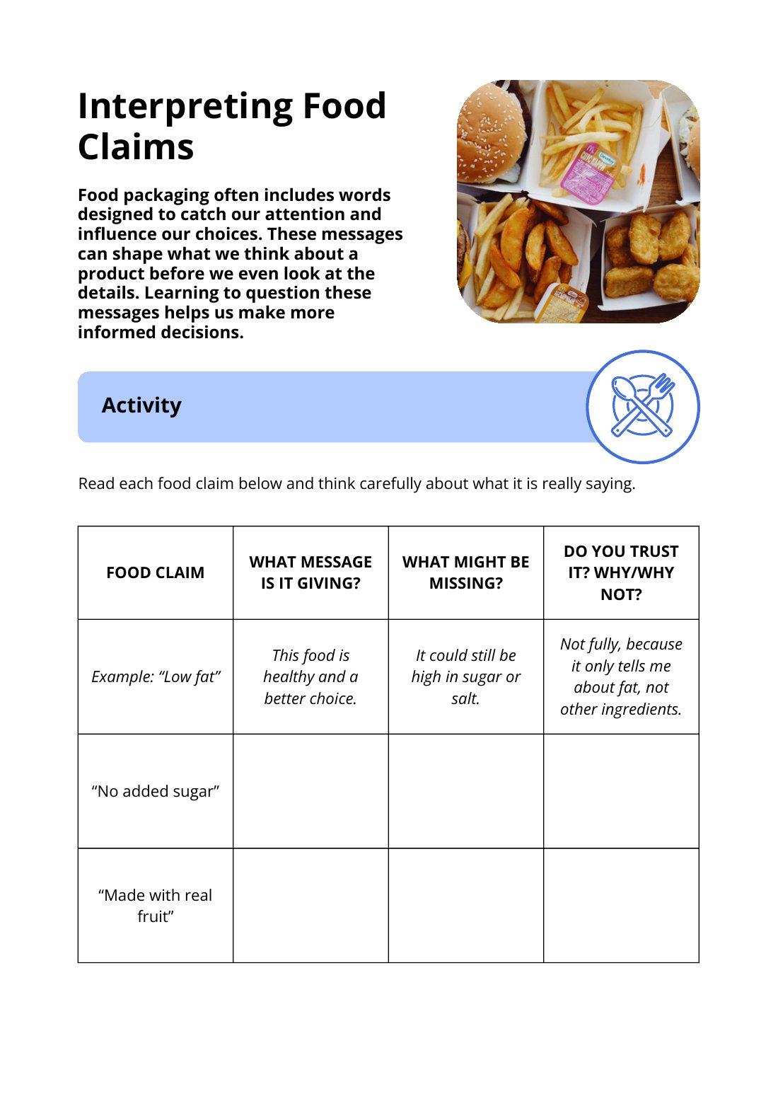 First page of Interpreting Food Claims Worksheet
