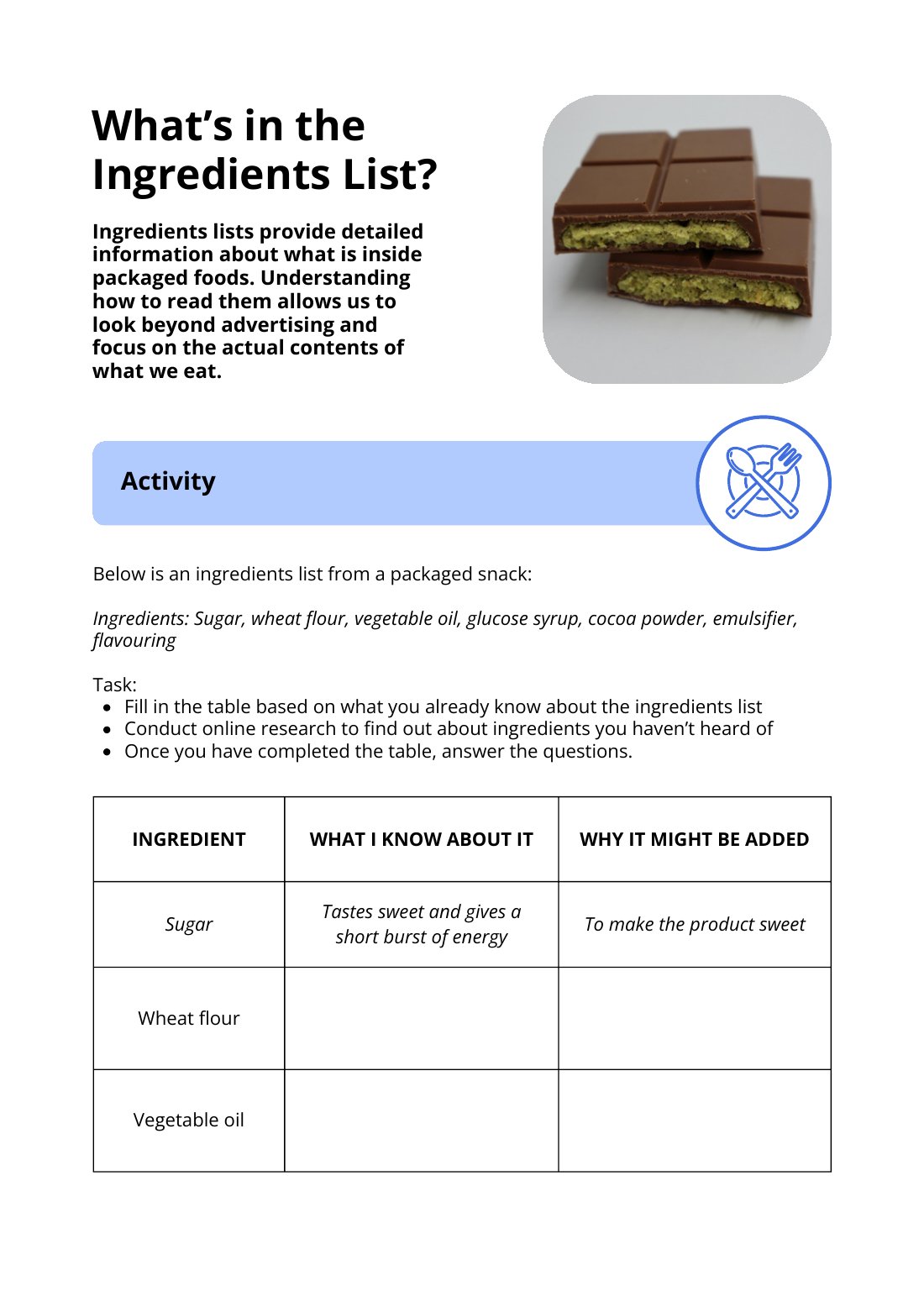 First page of What’s in the Ingredients List? Worksheet