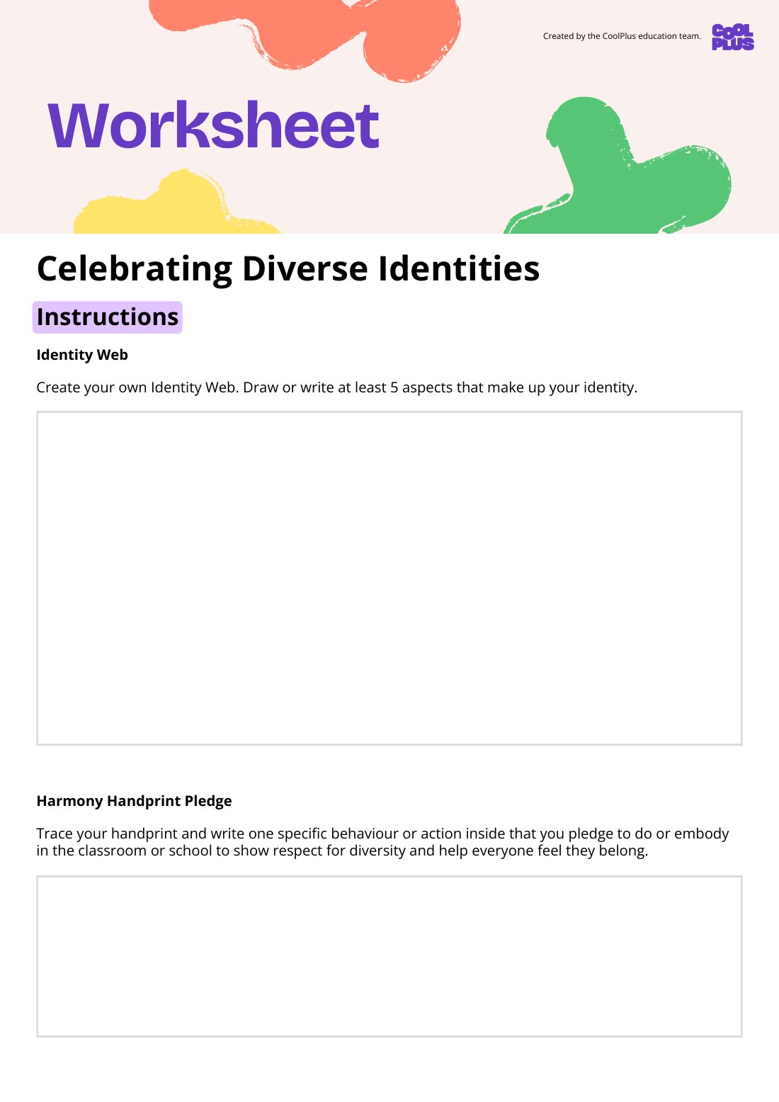 First page of Celebrating Diverse Identities Worksheet