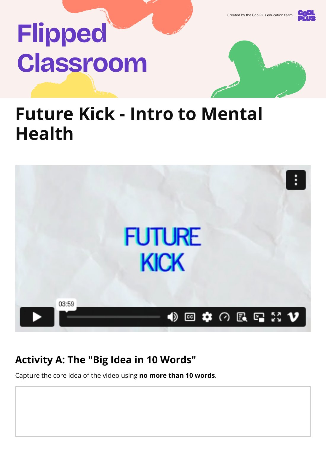 First page of Flipped Classroom Future Kick - Mental Health Worksheet