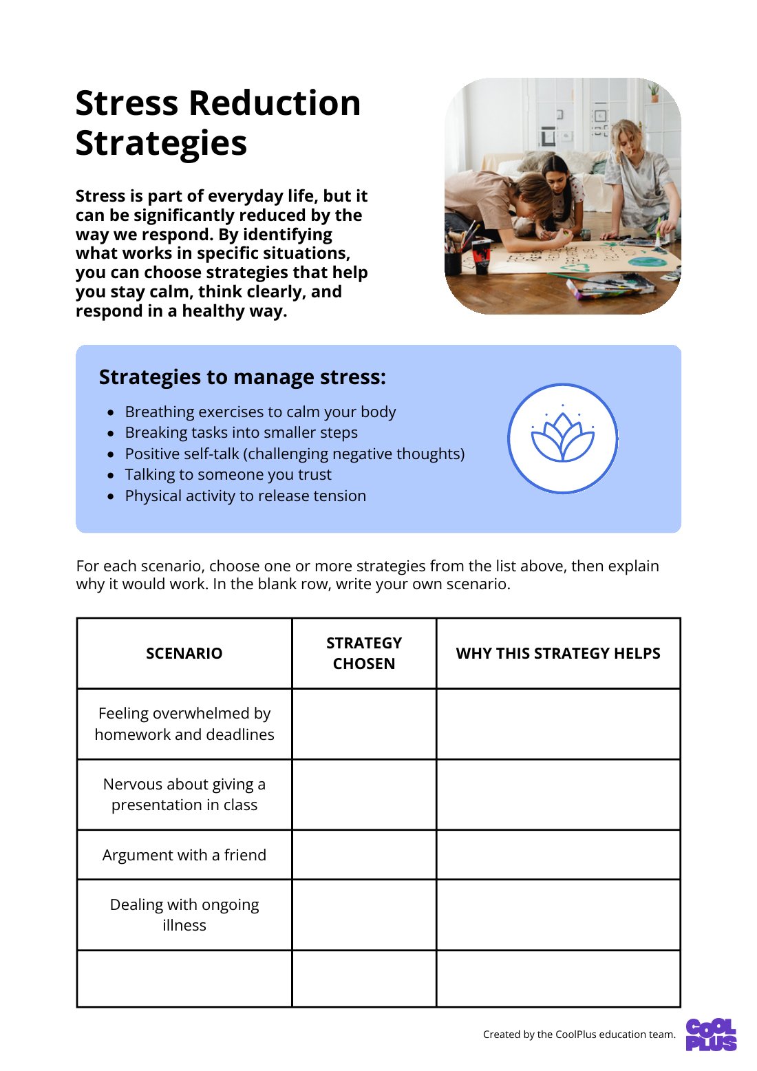 First page of Stress Reduction Strategies Worksheet