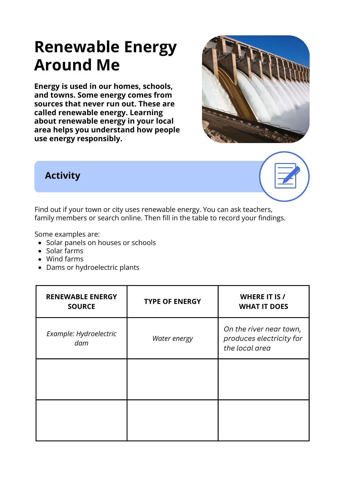First page of Renewable Energy Around Me Worksheet