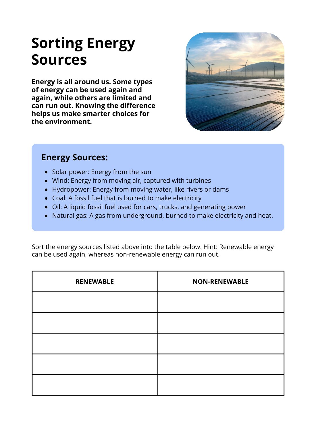 First page of Sorting Energy Sources Worksheet