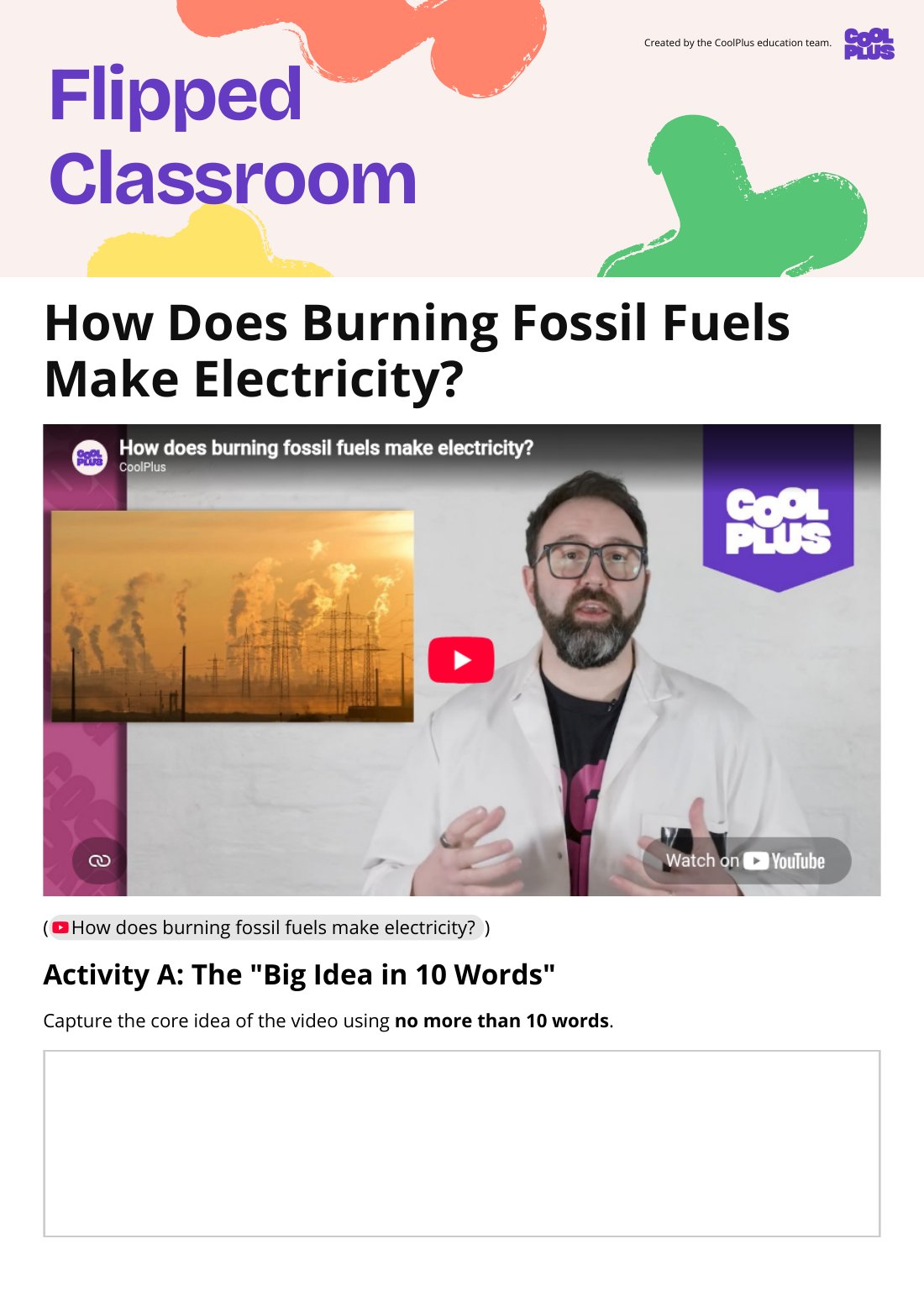 First page of Flipped Classroom How Does Burning Fossil Fuels Make Electricity? Worksheet
