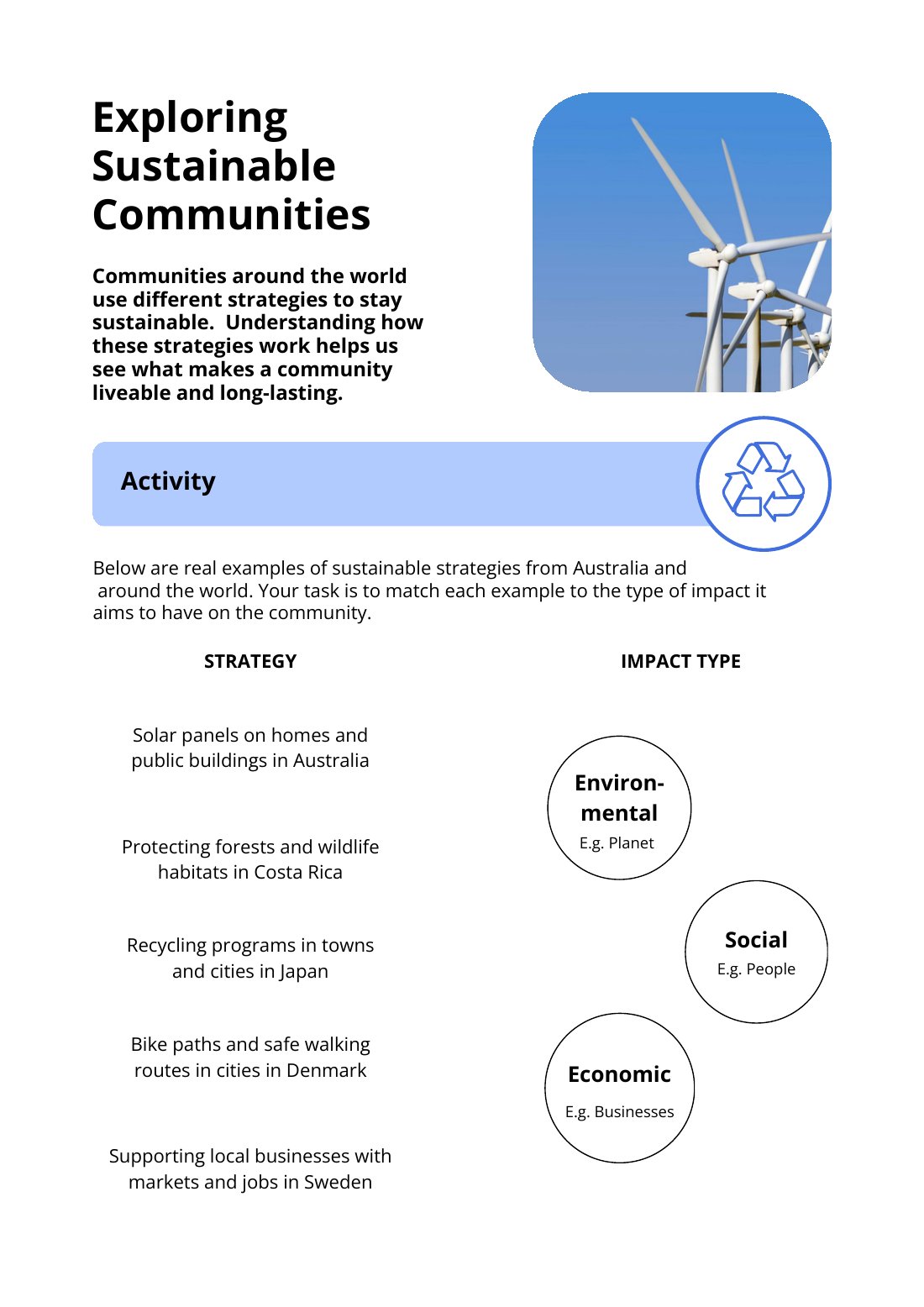 First page of Exploring Sustainable Communities Worksheet