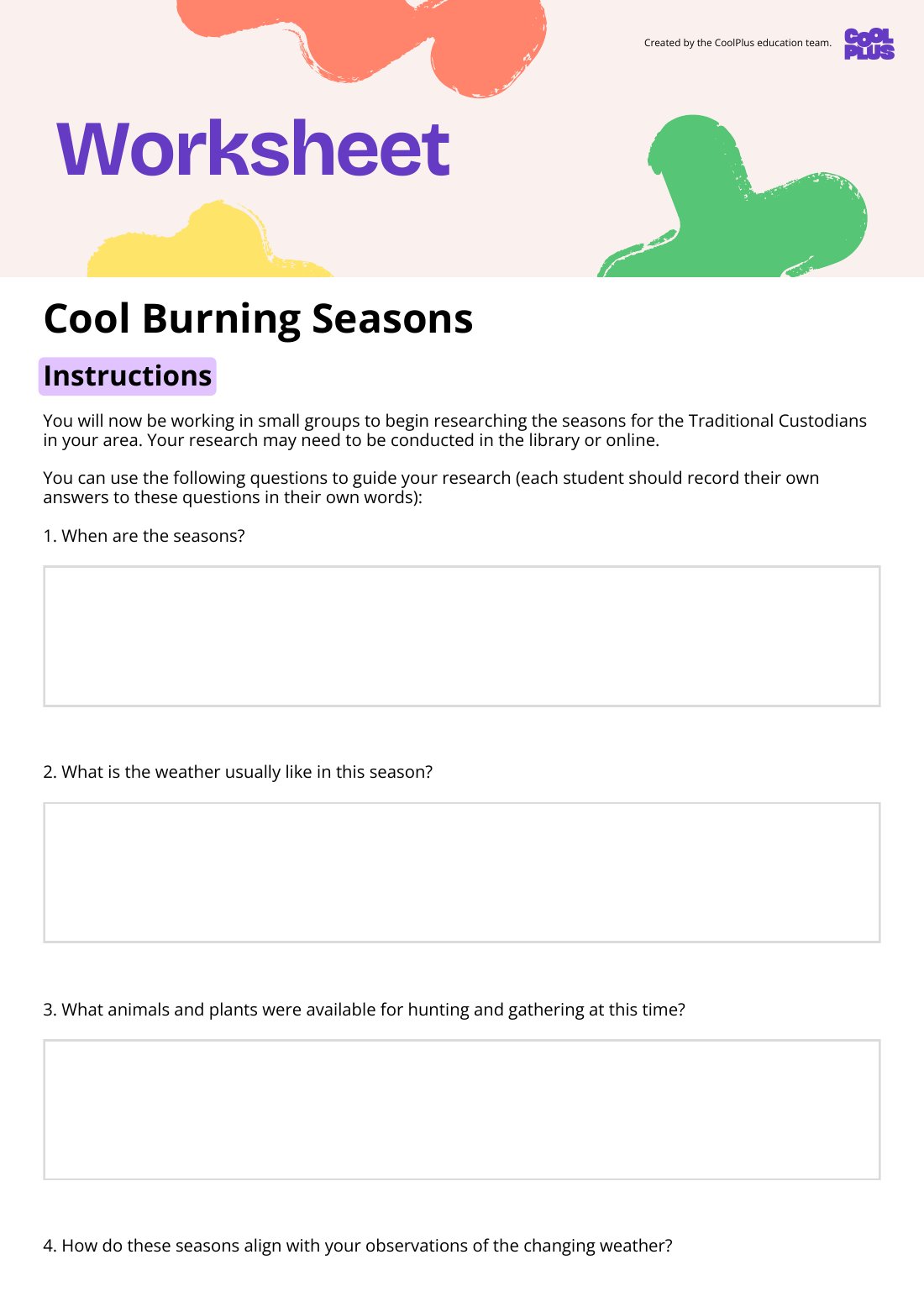 First page of Cool Burning Seasons Worksheet