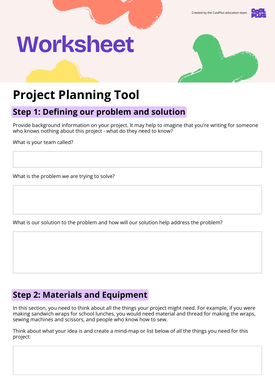 First page of Project Planning Tool Worksheet