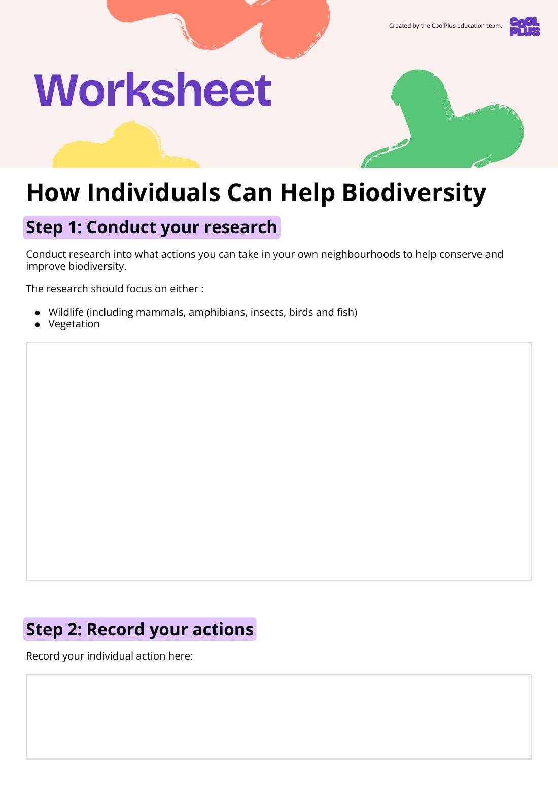 First page of How Individuals Can Help Biodiversity Worksheet