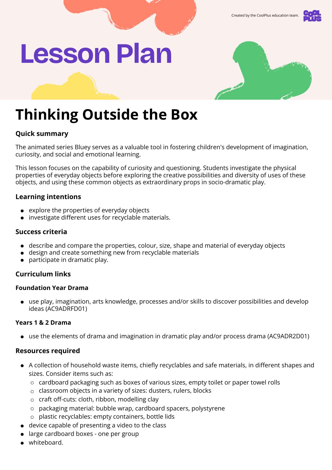 First page of Thinking Outside the Box Lesson plan