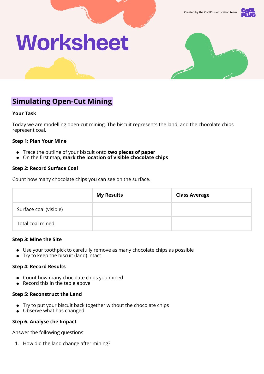 First page of Choc Chip Coal Mine Student Worksheet