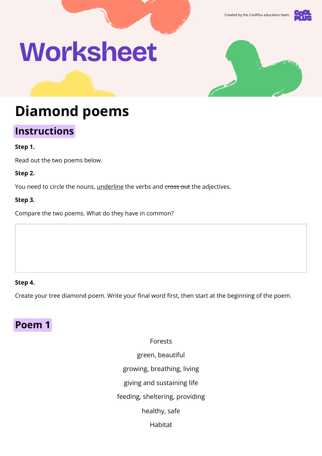 First page of Diamond Poems Worksheet