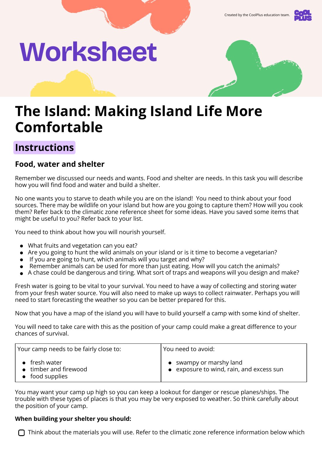 First page of The Island: Making Island Life More Comfortable Worksheet
