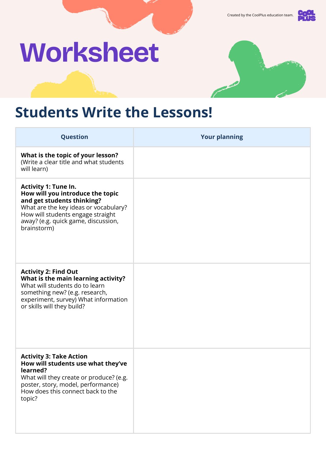 First page of Students Write the Lessons Worksheet