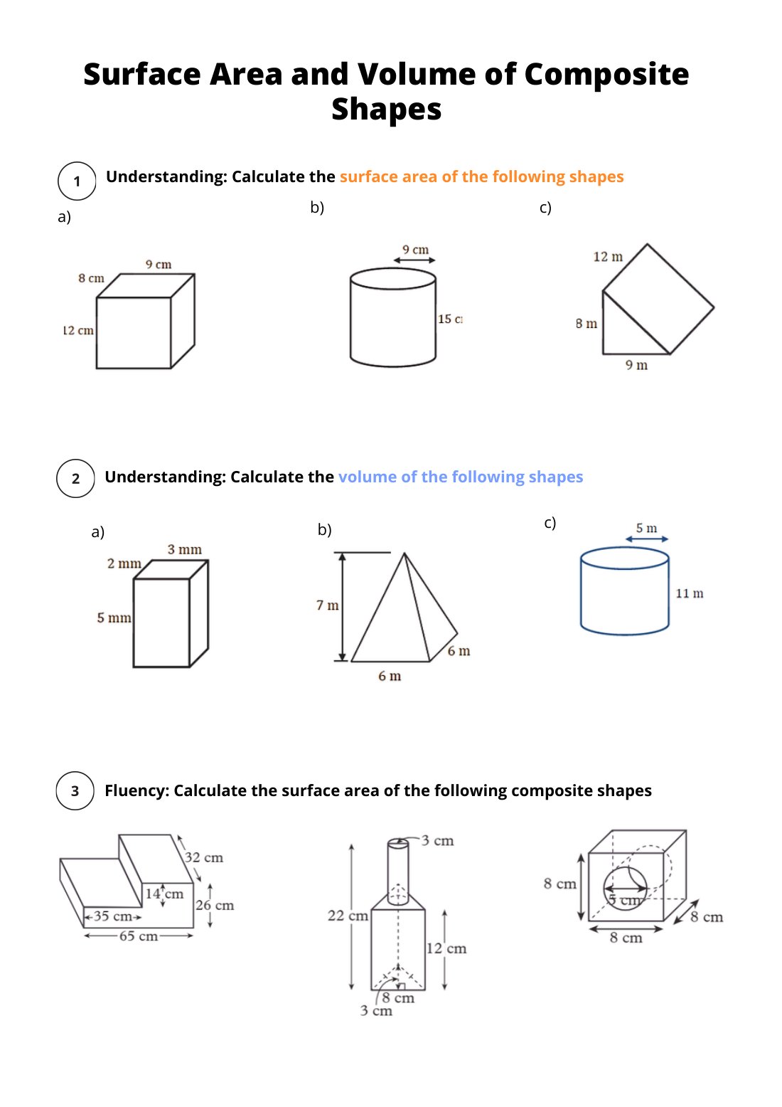 First page of Surface Area and Volume of Composite Shapes Worksheet