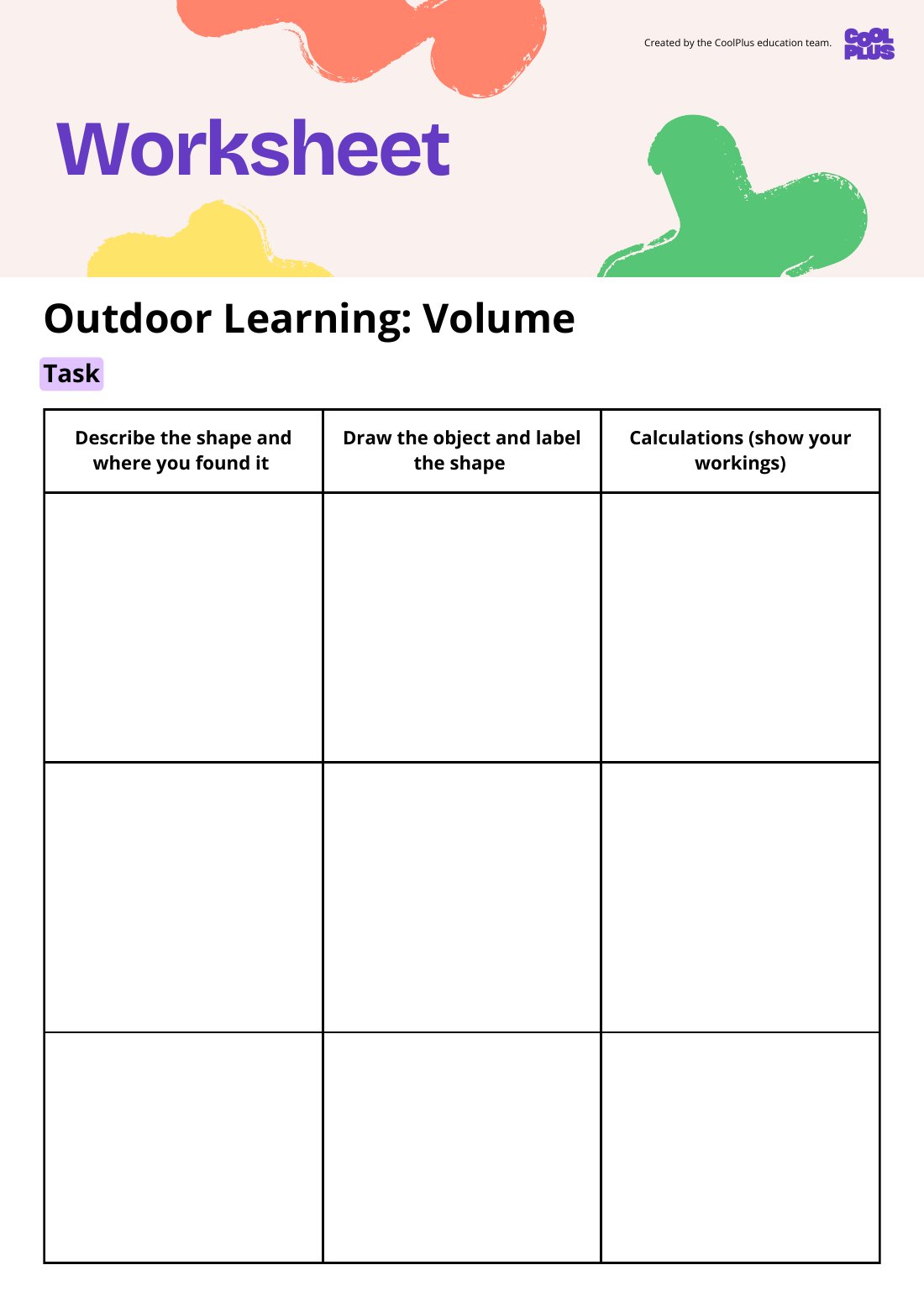 First page of Outdoor Learning: Volume Worksheet