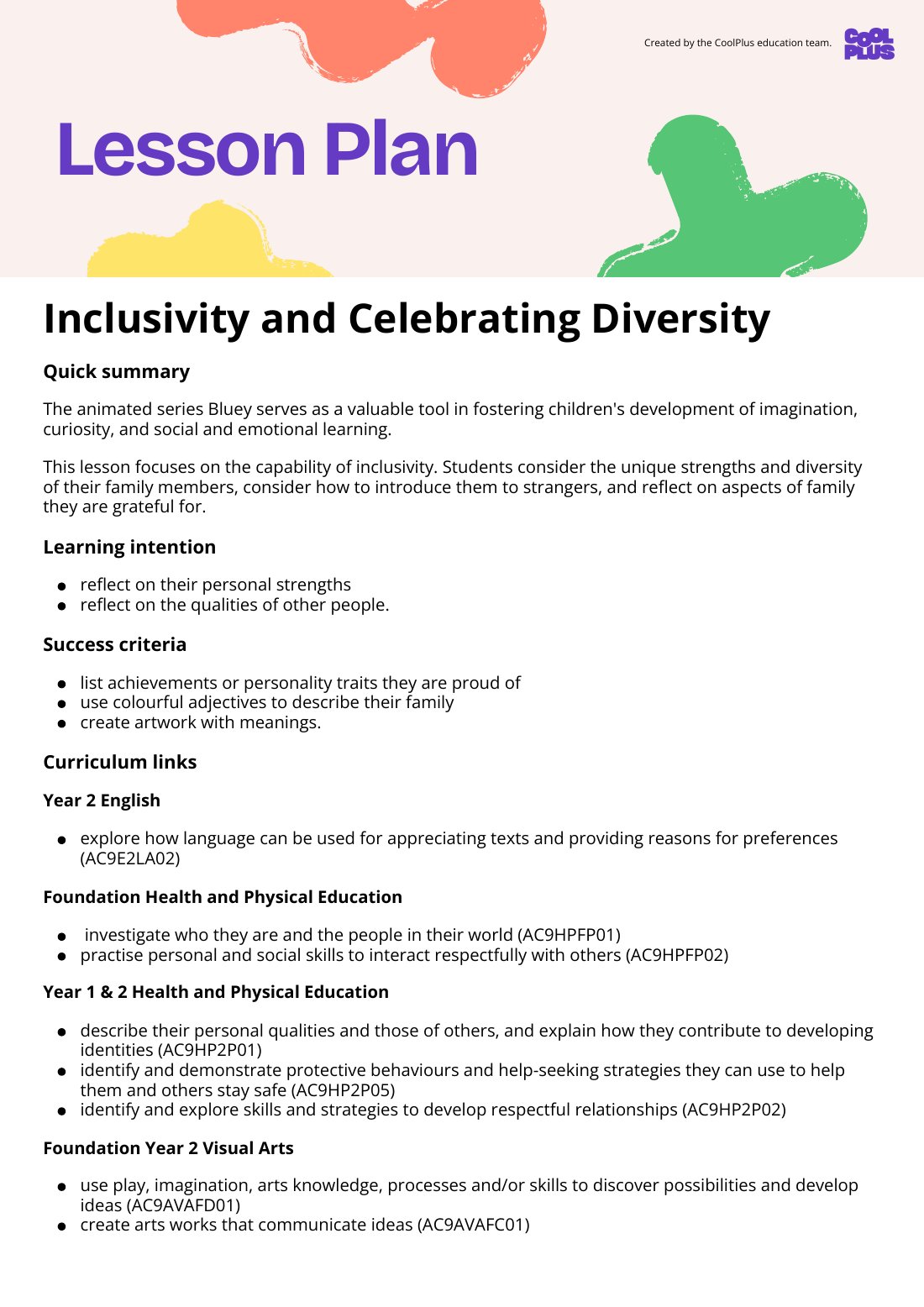 First page of Inclusivity and Celebrating Diversity Lesson Plan