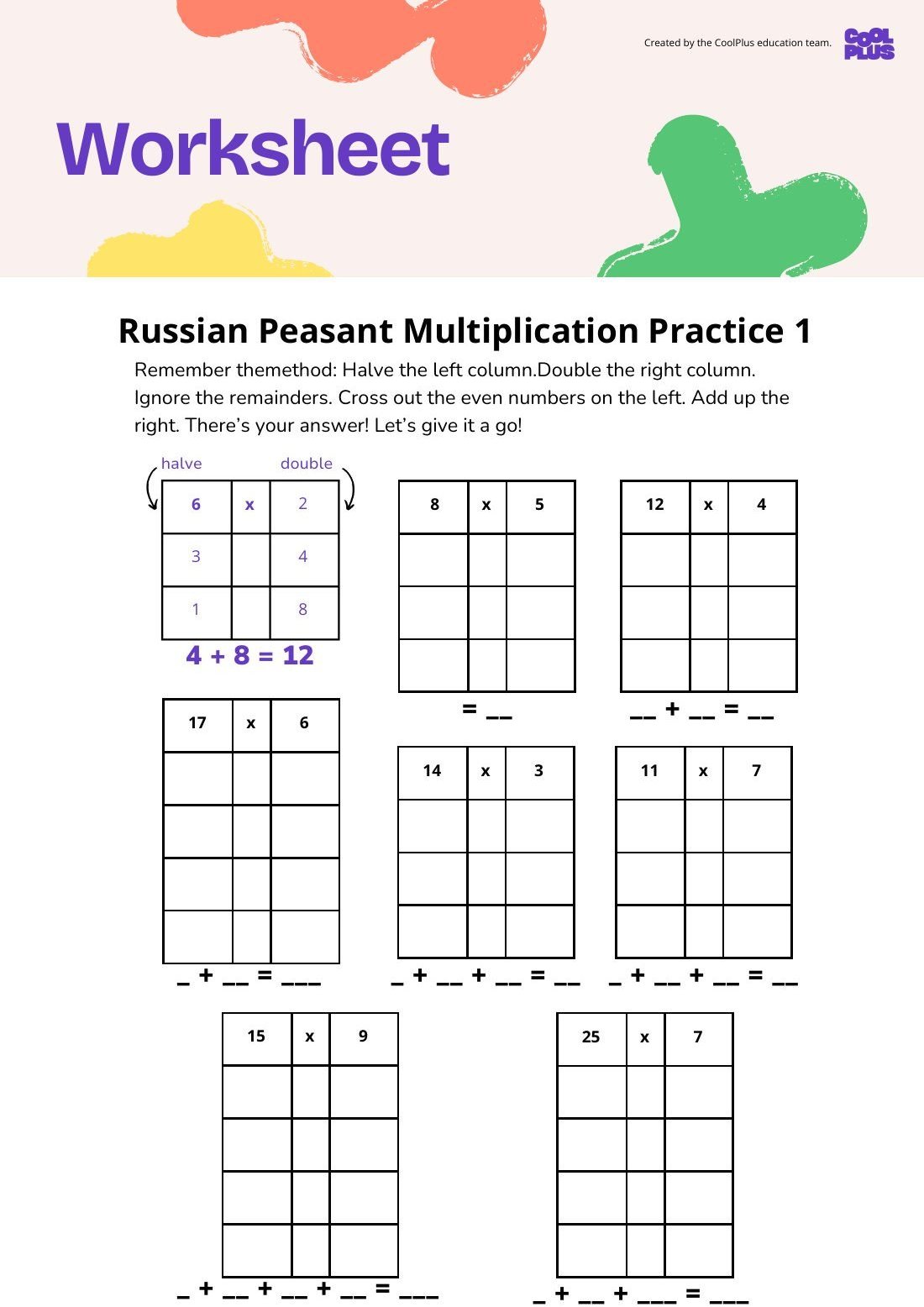 First page of Multiplication Methods: Russian Worksheet