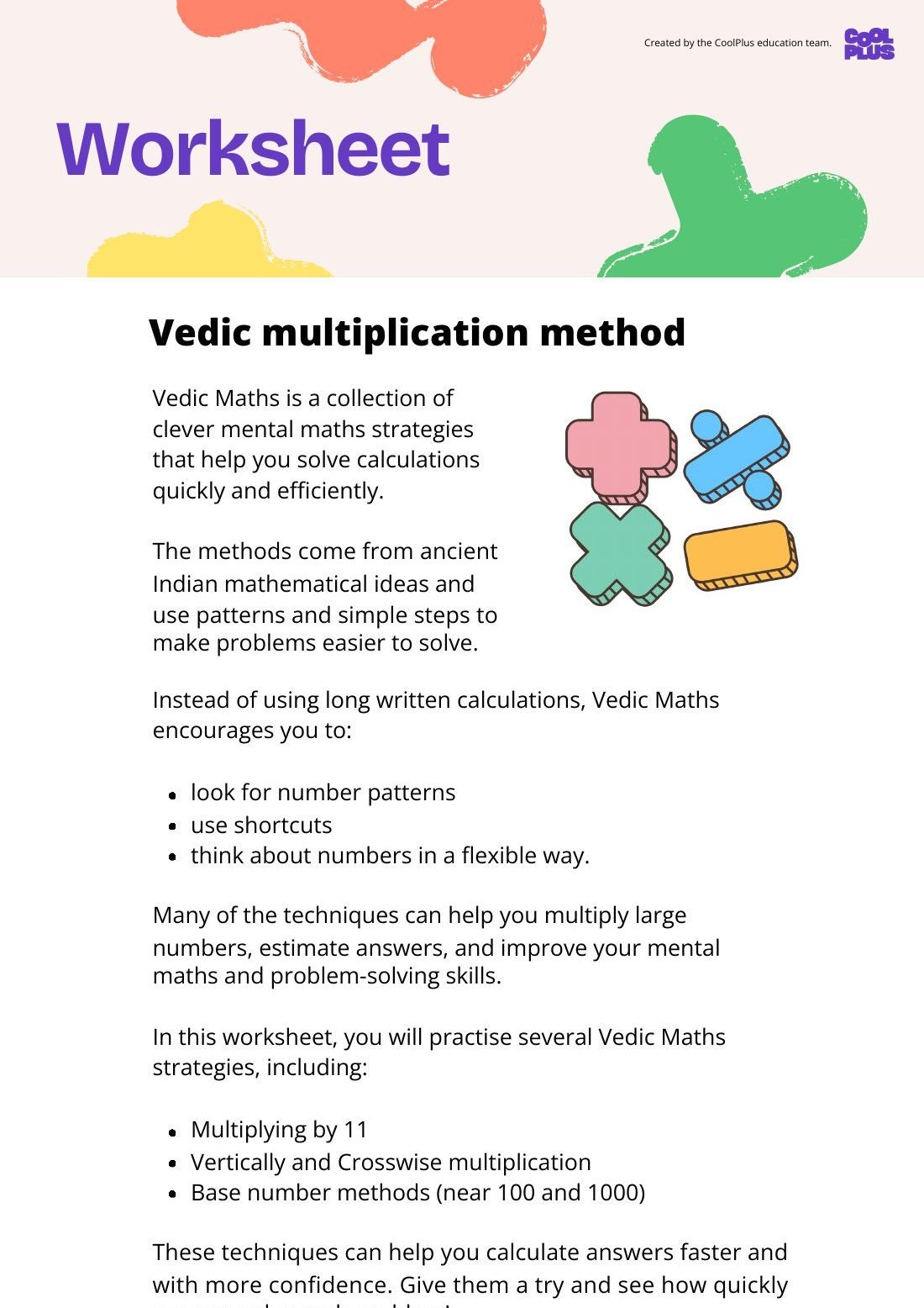 First page of Multiplication Methods: Vedic Worksheet