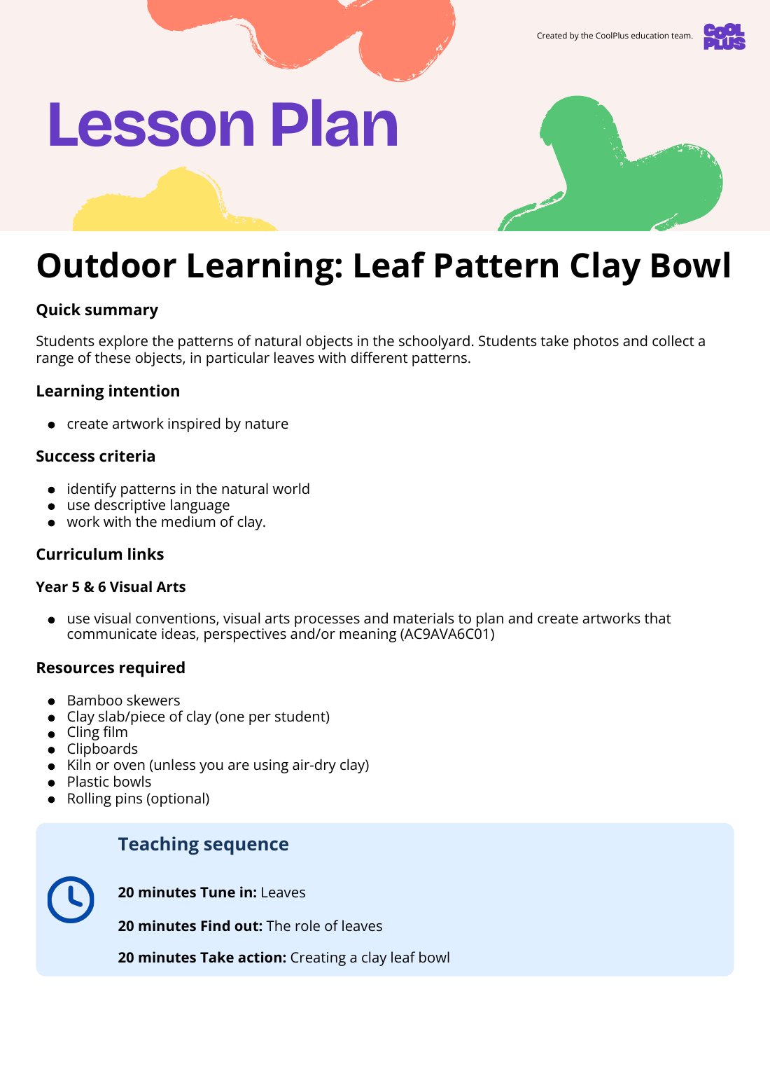 First page of Outdoor Learning: Leaf Pattern Clay Bowl Lesson Plan