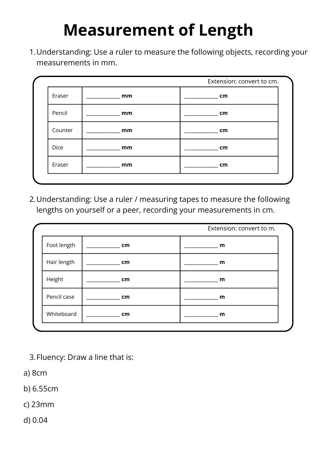 First page of Measurement of Length Worksheet