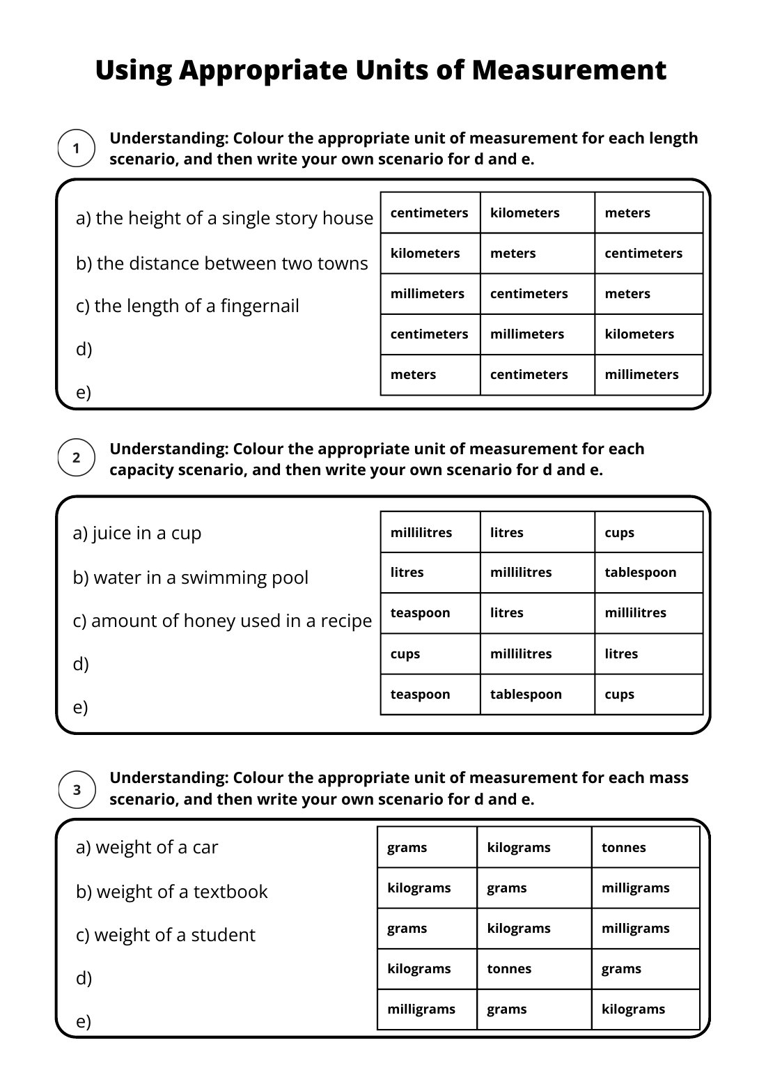 First page of Using Appropriate Units of Measurement Worksheet