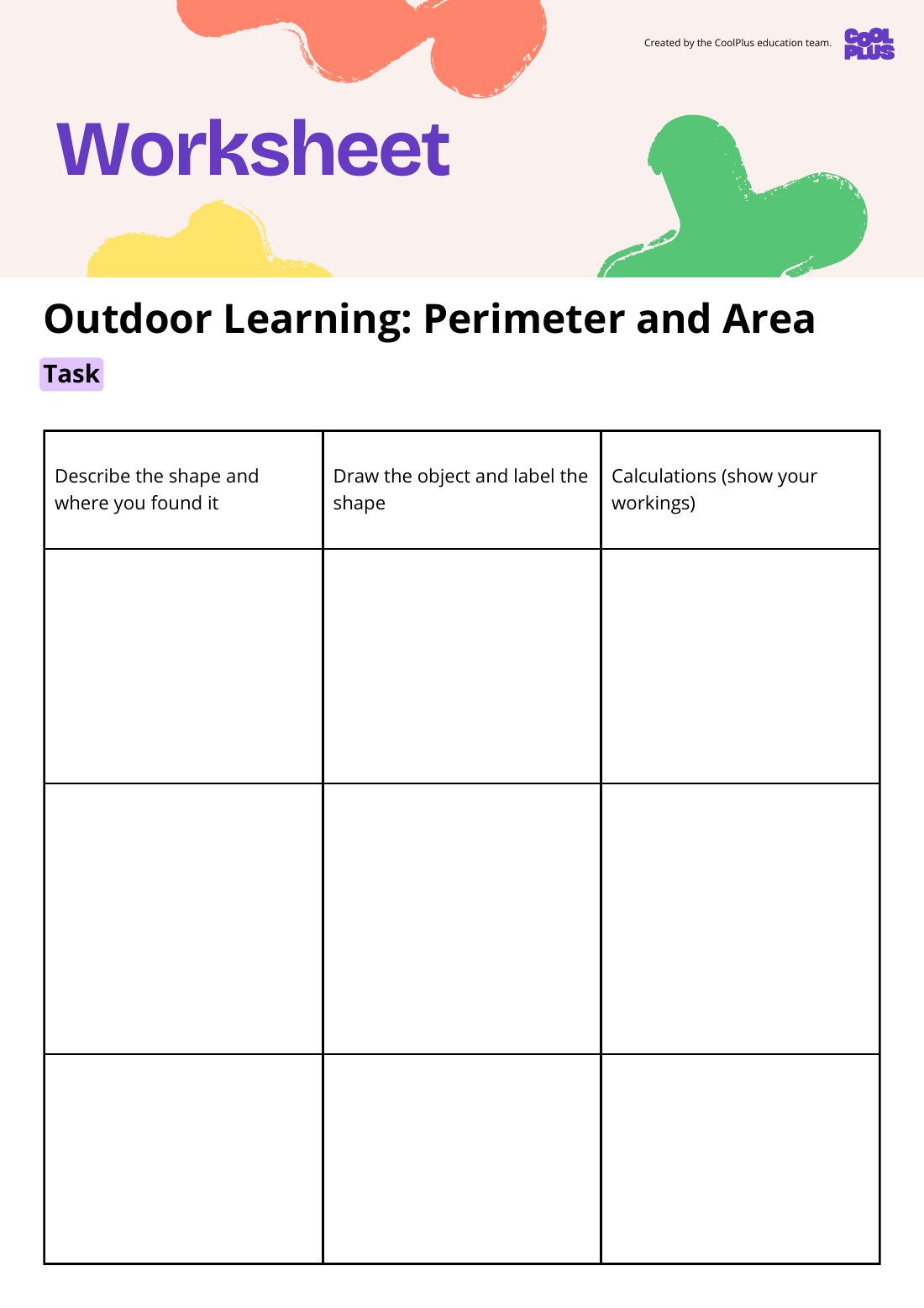 First page of Outdoor Learning: Perimeter and Area Worksheet